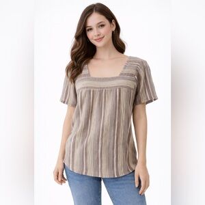 Columbia Womens Blouse Top‎ Brown Yellow Striped Sucker Peasant Size Medium